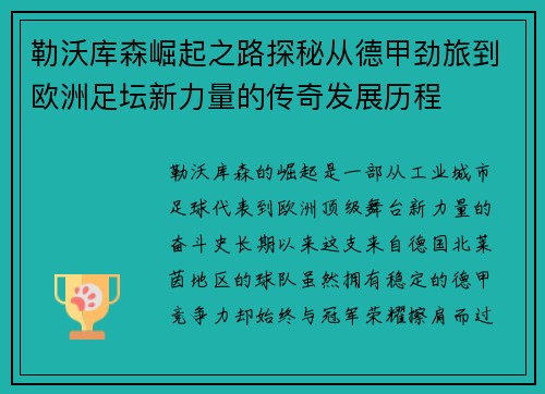 勒沃库森崛起之路探秘从德甲劲旅到欧洲足坛新力量的传奇发展历程 勒沃库森崛起之路探秘从德甲劲旅到欧洲足坛新力量的传奇发展历程